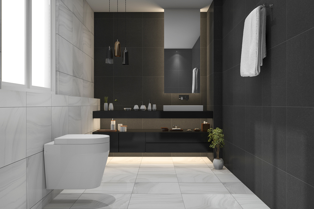 3d rendering beautiful luxury dark bathroom and toilet